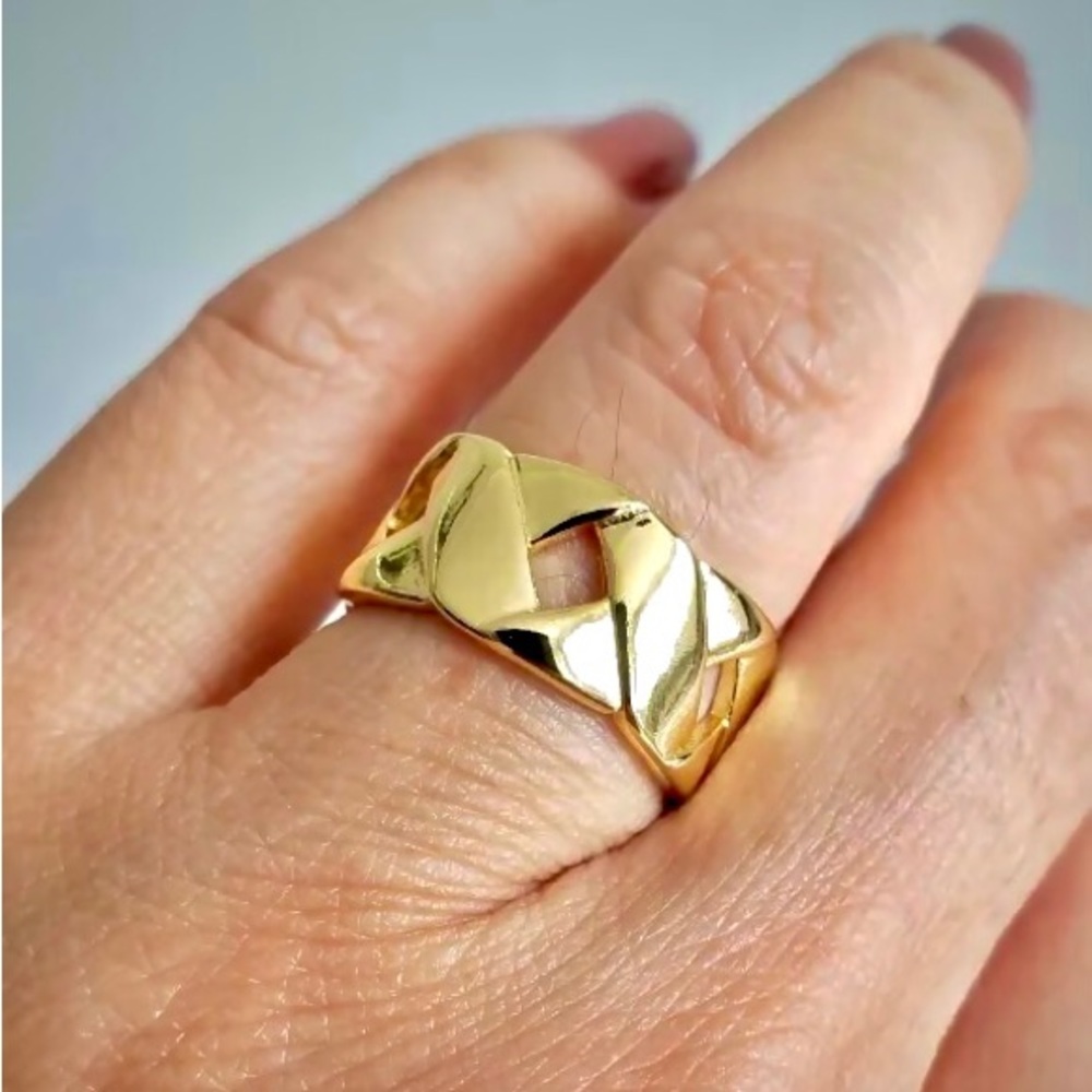 New! 18k Yellow Gold/S925 Strlng Silver Open Woven Style Unisex Adjustable Ring